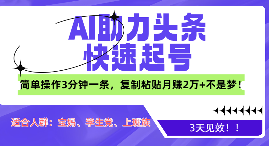 AI助力头条快速起号，3天见效！简单操作3分钟一条，复制粘贴月赚2万+不是梦！-项目网资源站