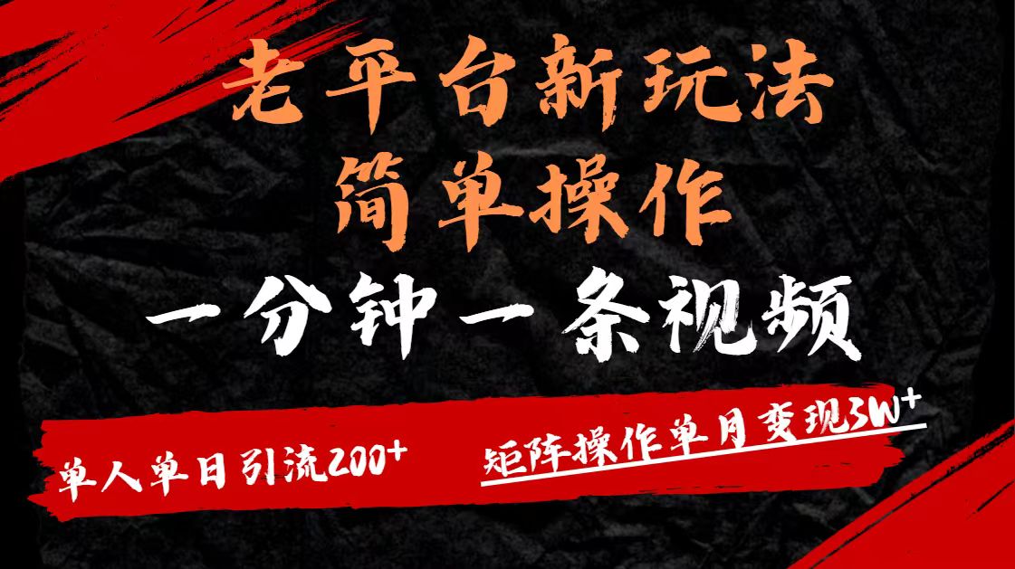 老平台，新玩法，简单操作，一分钟一条视频，单人单人引流200+矩阵操作，单月变现3W-项目网资源站