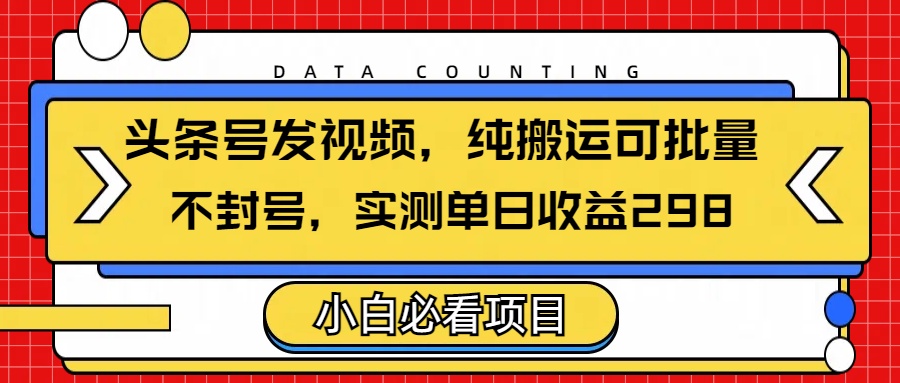 头条发视频，纯搬运可批量，不封号玩法实测单日收益单号298-项目网资源站