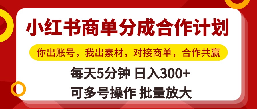 小红书商单分成合作计划，你出账号，我出素材，对接商单，合作共赢，单号日入300+，可批量放大-项目网资源站