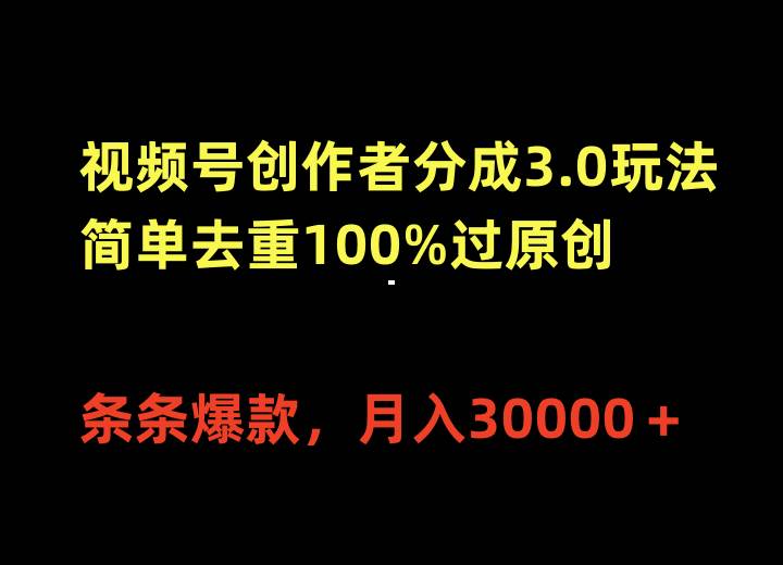 视频号创作者分成3.0玩法，简单去重100%过原创，条条爆款，月入30000＋-项目网资源站