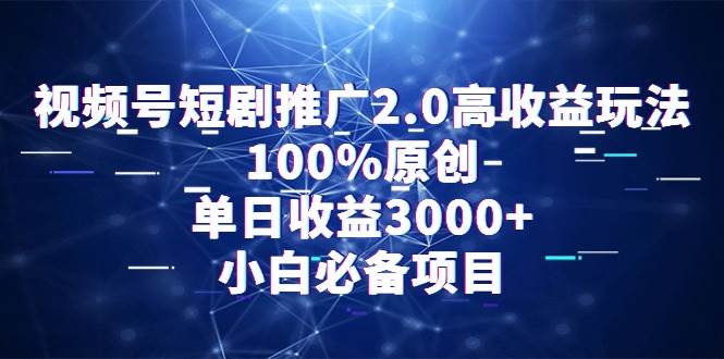 视频号短剧推广2.0高收益玩法，100%原创，单日收益3000+，小白必备项目-项目网资源站