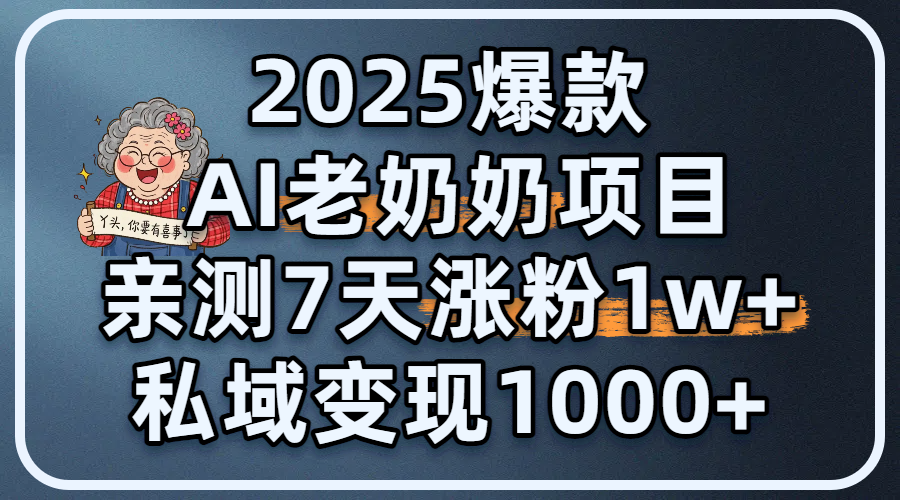 2025爆款 AI 老奶奶项目：亲测 7 天涨粉 1W+，私域变现 1000+-项目网资源站