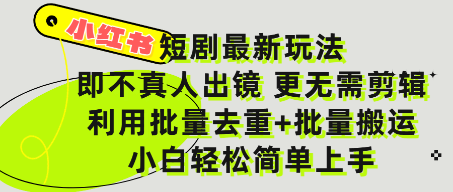 小红书短剧最新玩法，轻松日入3000+，既不真人出镜，更不用剪辑，全程搬运，傻瓜式操作，私域零成本批量操作-项目网