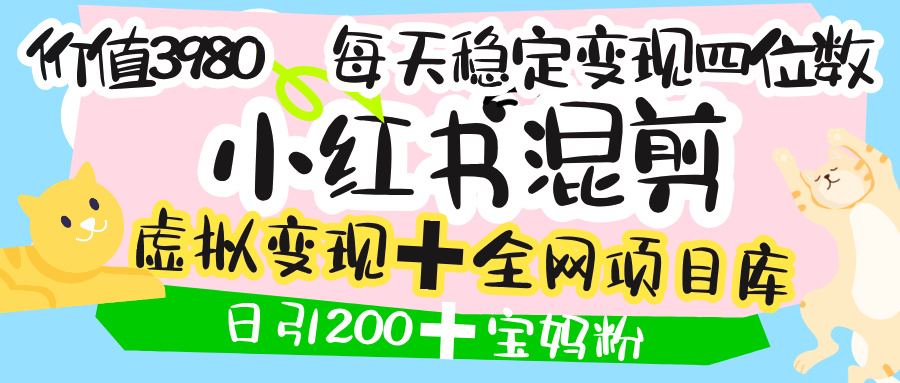 价值3980的小红书混剪， 虚拟变现 ＋全网项目库 ， 日引200+宝妈创业粉，每天稳定四位数变现-项目网