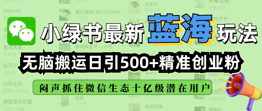 小绿书最新蓝海玩法，无脑搬运日引500+精准创业粉，闷声抓住微信生态十亿级潜在用户-项目网