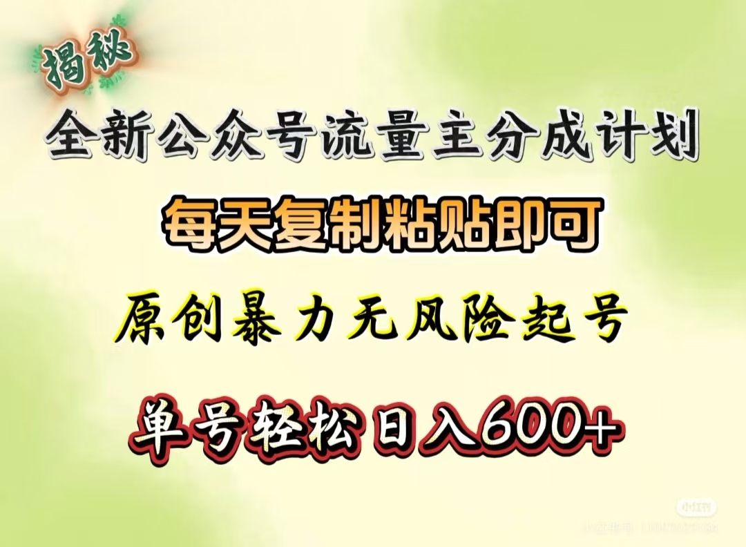 全新公众号流量主分成计划，每天复制粘贴即可，原创暴力起号无风险，单号轻松日入600+（揭秘）-项目网