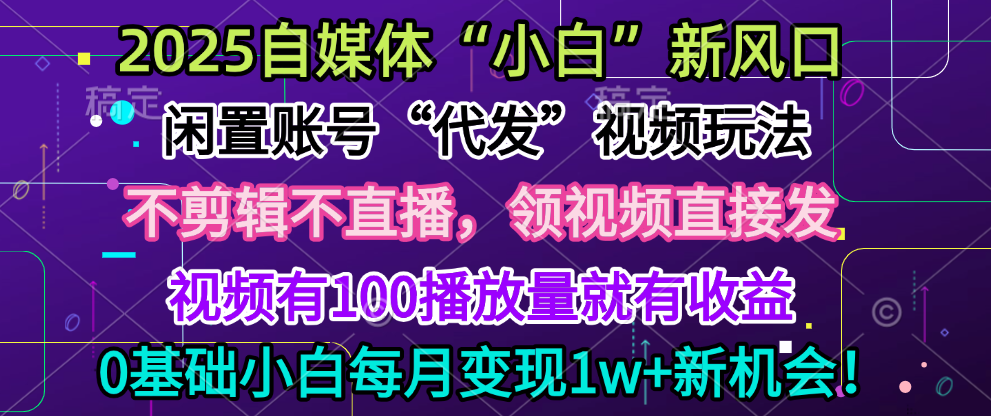 2025每月躺赚5w+新机会，闲置视频账号一键代发玩法，0粉不实名不剪辑，领了视频直接发，0基础小白也能日入300+-项目网