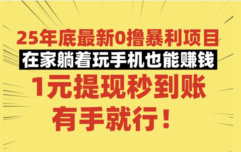 25年底最新0撸暴利项目，在家躺着玩手机也能赚钱，1元提现秒到账，有手就行！-项目网
