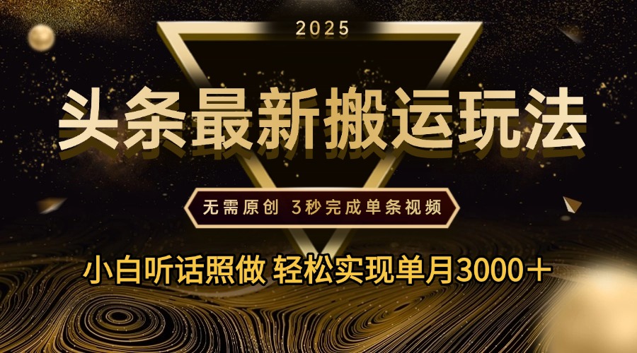 2025年今日头条最新搬运玩法，无需原创3秒完成视频轻松实现单月3000＋-项目网