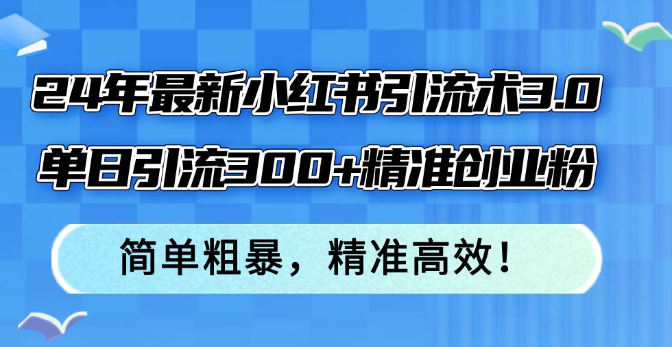 24年最新小红书引流术3.0，单日引流300+精准创业粉，简单粗暴，精准高效！-项目网
