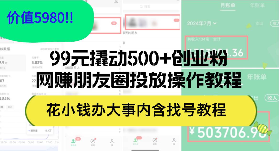 99元撬动500+创业粉，网赚朋友圈投放操作教程价值5980！花小钱办大事内…-项目网