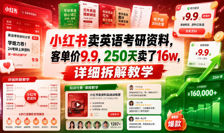 小红书卖英语考研资料，客单价9.9，250天卖了16w，详细拆解教学-项目网