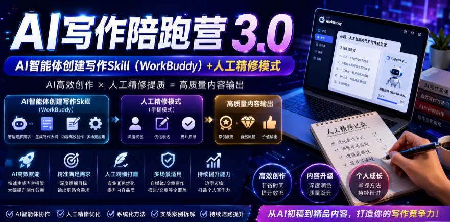 AI写作陪跑营3.0，Ai智能体创建写作skill(workbuddy)+人工手写模式(手搓模式)，去除AI痕迹(头条号、公众号、百家号)-项目网