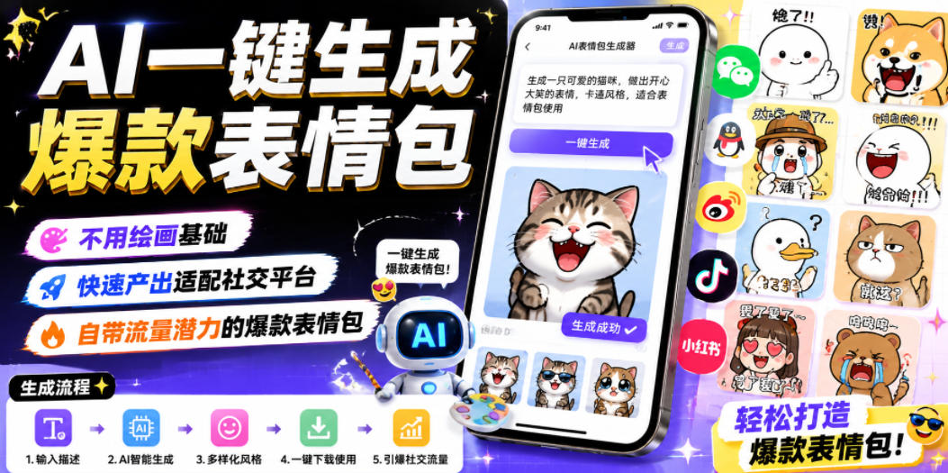 AI一键生成爆款表情包，不用绘画基础，快速产出适配社交平台，自带流量潜力的爆款表情包-项目网