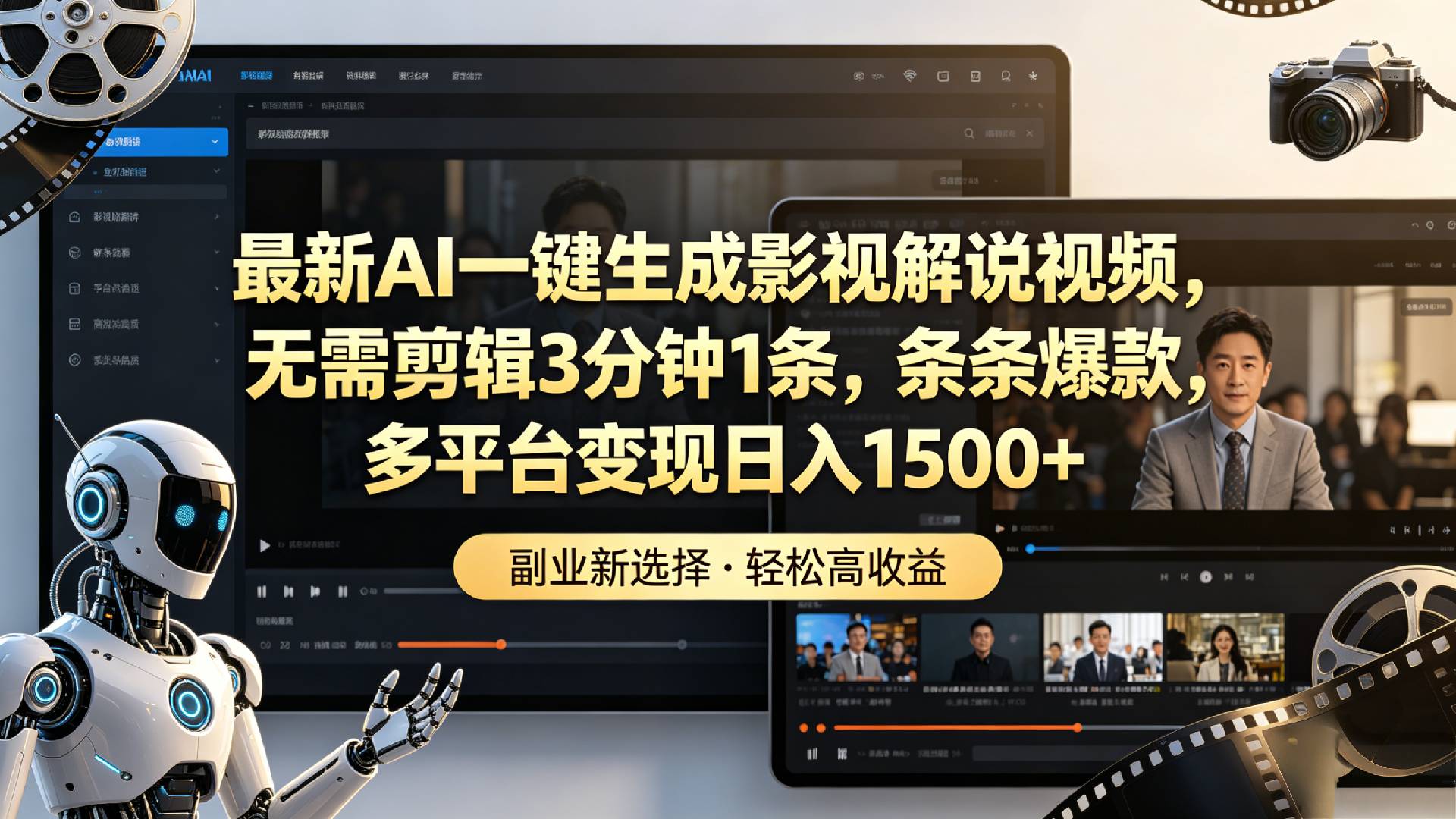 最新AI一键生成影视解说视频，无需剪辑3分钟1条，条条爆款，多平台变现日入1500+-项目网