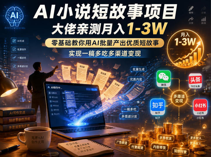 AI小说短故事项目，大佬亲测月入1-3W，零基础教你用AI批量产出优质短故事，实现一稿多吃多渠道变现(更新06/24)-项目网