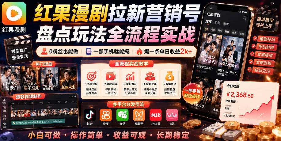 红果漫剧拉新营销号盘点玩法全流程实战，0粉丝也能做，一部手机就能做，爆一条单日收益2k+(更新0628)-项目网